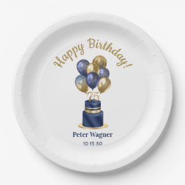 75歳の誕生日 ネイビーブルーのバルーンケーキ ペーパープレート
