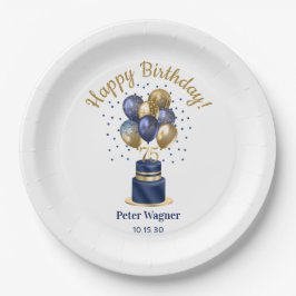 75歳の誕生日 ネイビーブルーのバルーンケーキ ペーパープレート