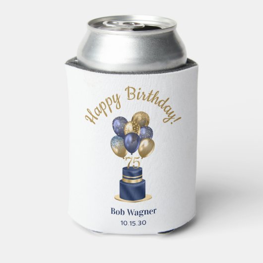 75歳の誕生日 ネイビーブルーのバルーンケーキ 缶クーラー (缶裏面)