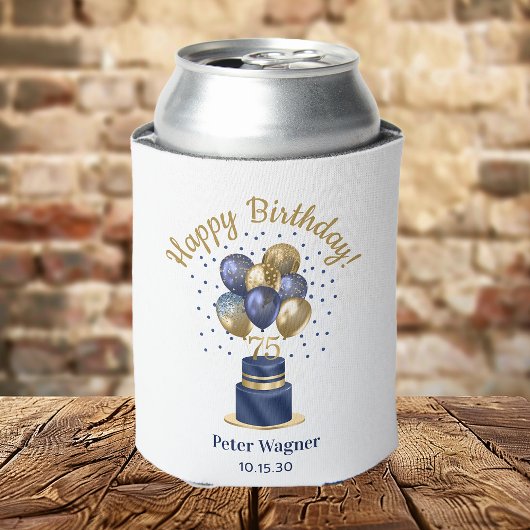 75歳の誕生日 ネイビーブルーのバルーンケーキ 缶クーラー