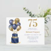 75歳の誕生日 ネイビーブルーの風船のケーキ 招待状 (スタンド正面)