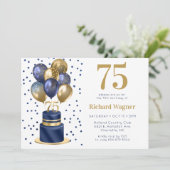 75歳の誕生日 ネイビーブルーの風船のケーキ 招待状 (スタンド正面)