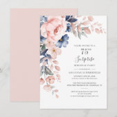 75歳の誕生日 ピンクの花の植物の葉 招待状 (正面/裏面)