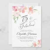 75歳の誕生日 ピンクの花の水彩パーティー 招待状 (正面)
