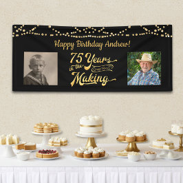 75歳の誕生日 ブラックゴールドのストリングライト レトロな写真 横断幕