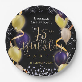 75歳の誕生日 ブラック キラキラ風船 ペーパープレート