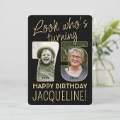 75歳の誕生日 ブラック&ゴールド バースデーパーティー 2枚の写真 招待状 (スタンド正面)