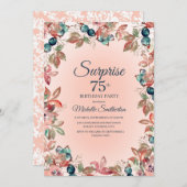 75歳の誕生日 女性 ピンク ティール フラワー リーフ 招待状 (正面/裏面)