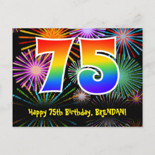 75歳の誕生日 – 楽しい花火模様 + レインボー75 ポストカード