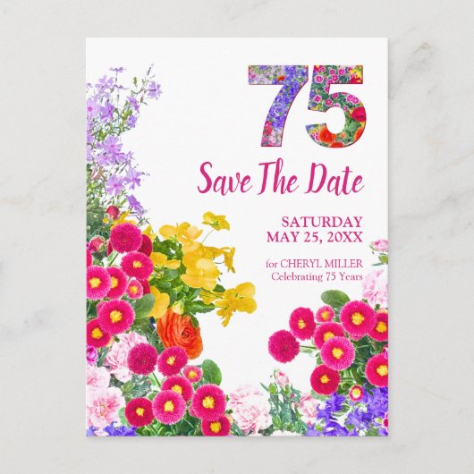 75歳の誕生日 花のモダンなSave The Date 案内ポストカード (正面)