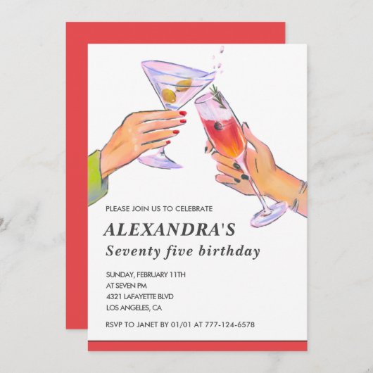 75歳エレガントの誕生日招待状カクテルパーティー 招待状 (正面/裏面)