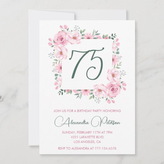 75歳エレガントの誕生日招待状フローラピンク 招待状 (正面)