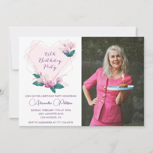 75歳エレガントの誕生日招待状フローラ写真 招待状 (正面)