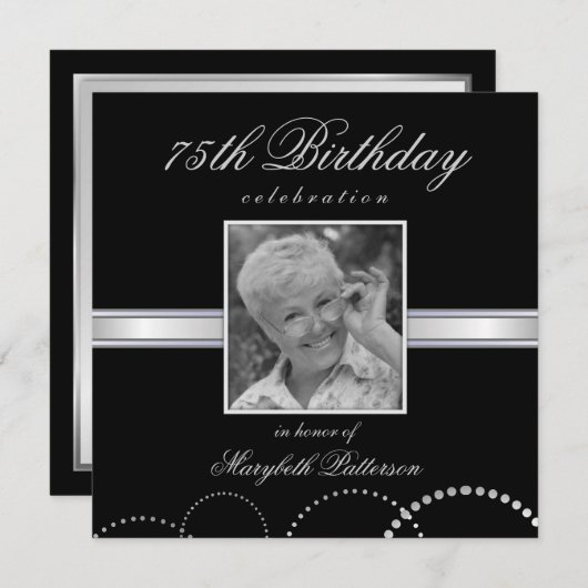 75歳誕生パーティーフォト招待状シルバーブラック 招待状 (正面/裏面)