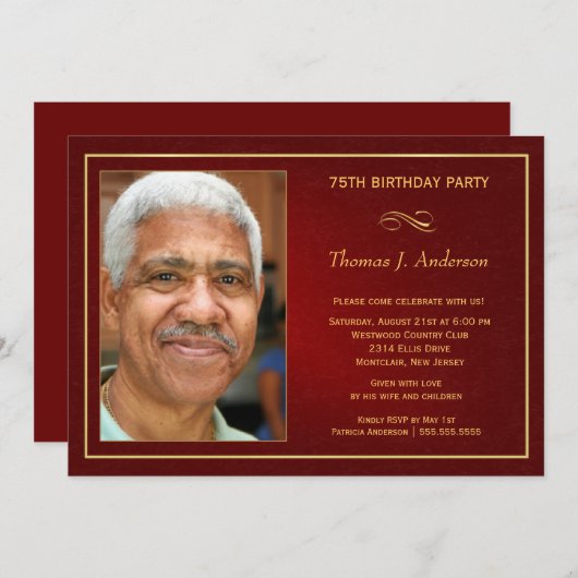 75番目のバースデーパーティ招待状-写真を追加 招待状 (正面/裏面)