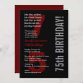 75番目の誕生日モダン白黒レッドメタル 招待状 (正面/裏面)