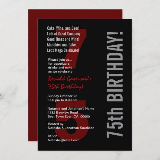 75番目の誕生日モダン白黒レッドメタル 招待状 (正面/裏面)