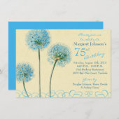 75番目の誕生日招待状 |青いヴィンテージフローラ 招待状 (正面/裏面)