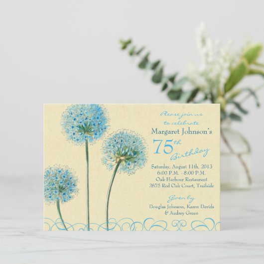 75番目の誕生日招待状 |青いヴィンテージフローラ 招待状 (スタンド正面)
