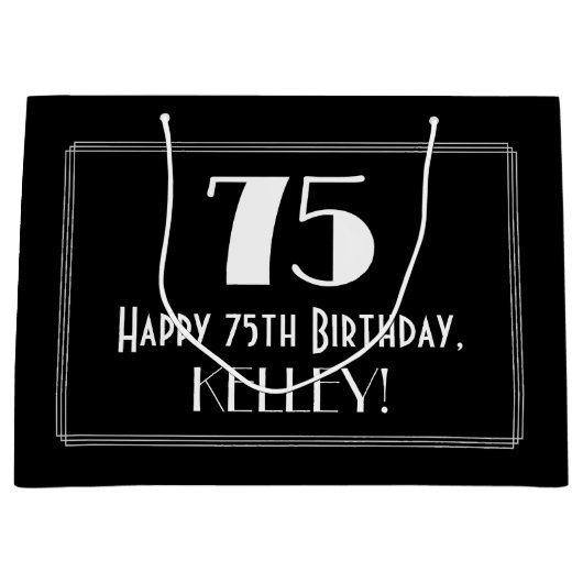 75番目の誕生日:インスパイアアールデコスタイル「75」、名前 ラージペーパーバッグ (正面)