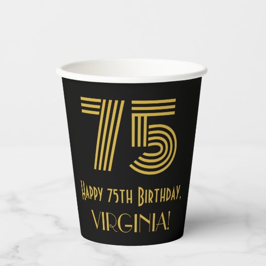 75番目の誕生日:インスパイアアールデコ「75」の検索と名前 紙コップ (正面)