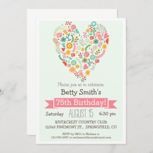 75誕生日かわいいフローラハート誕生会 招待状 (正面/裏面)