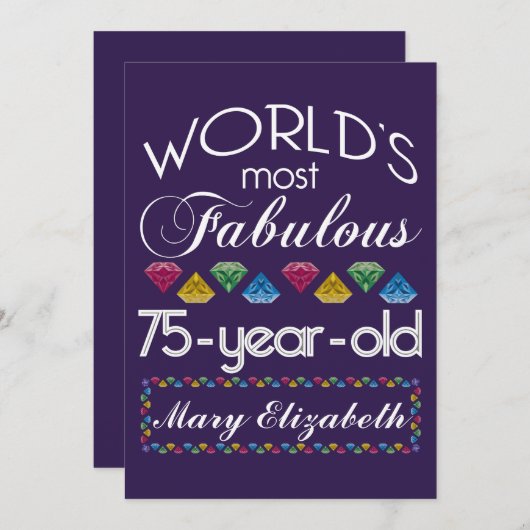 75誕生日で最も素晴らしいカラフル宝石の紫 招待状 (正面/裏面)