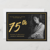 75誕生日エレガントフォトブラックフェイク金ゴールドリーフ 招待状 (正面)