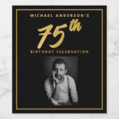 75誕生日エレガントフォトブラック金ゴールドワインラベル ワインラベル (シングルラベル)