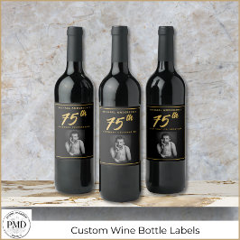75誕生日エレガントフォトブラック金ゴールドワインラベル ワインラベル
