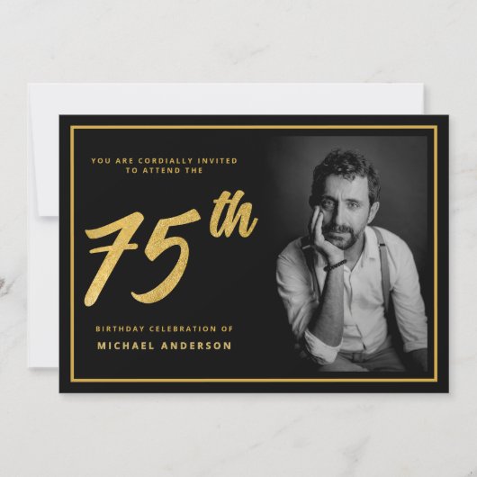 75誕生日エレガントフォトブラック金ゴールド 招待状 (正面)