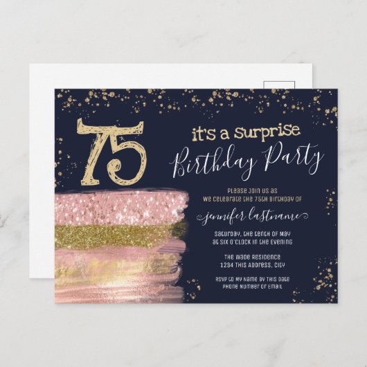 75誕生日グリッターケーキサプライズパーティーはがき ポストカード (正面/裏面)