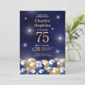 75誕生日サプライズネイビーブルー金ゴールドバルーン 招待状 (スタンド正面)