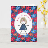 75誕生日スティックガール&デイジーオンデニム カード (黄色い花)