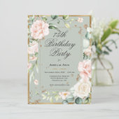 75誕生日セージ緑金ゴールド水色フローラ 招待状 (スタンド正面)