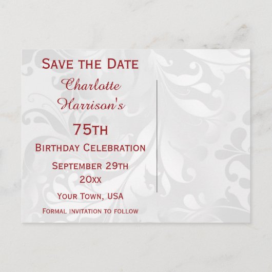 75誕生日ダマスクフェイクと弓の日付を保存 案内ポストカード (裏面)