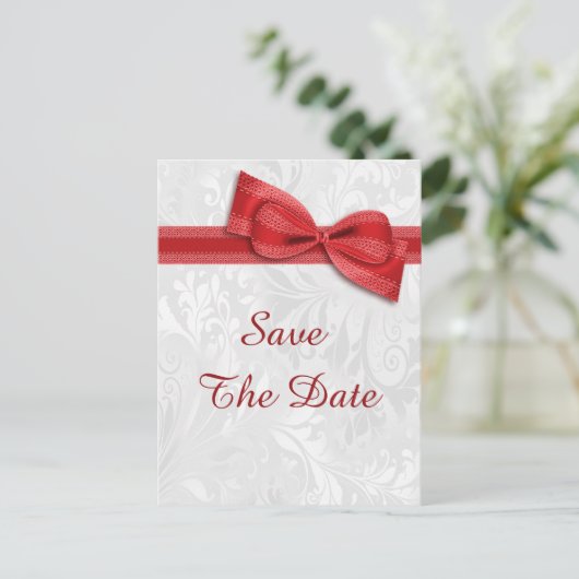 75誕生日ダマスクフェイクと弓の日付を保存 案内ポストカード (スタンド正面)