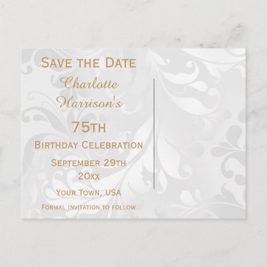 75誕生日ダマスクフェイクと弓の日付を保存 案内ポストカード (裏面)