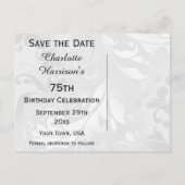 75誕生日ダマスクフェイクと弓の日付を保存 案内ポストカード (裏面)