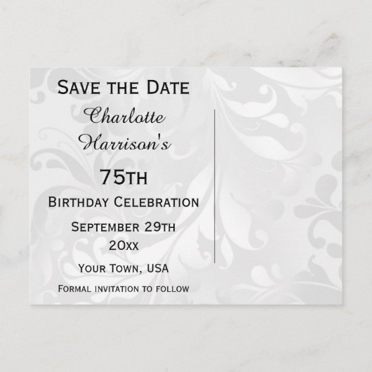 75誕生日ダマスクフェイクと弓の日付を保存 案内ポストカード (裏面)