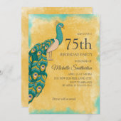 75誕生日ティール（緑がかった色）イエローウォーターカラーピーコック 招待状 (正面/裏面)
