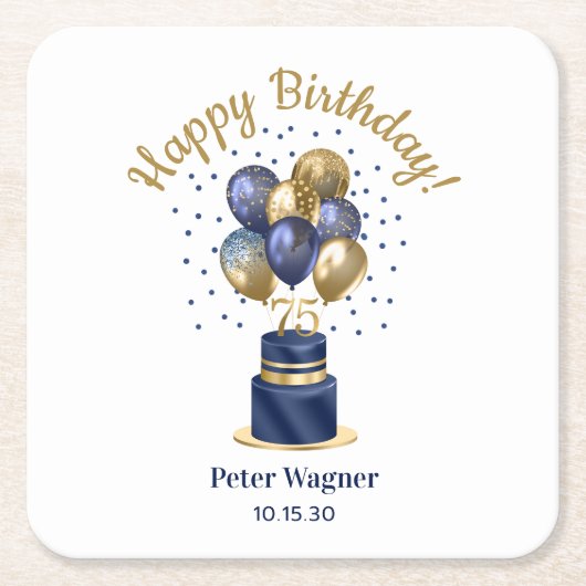 75誕生日ネイビーブルーバルーンケーキ スクエアペーパーコースター (正面)