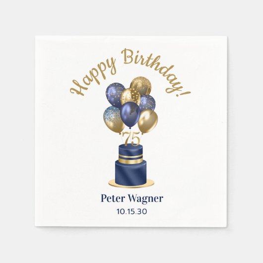 75誕生日ネイビーブルーバルーンケーキ スタンダードカクテルナプキン (正面)