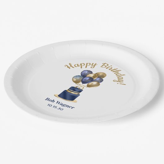 75誕生日ネイビーブルーバルーンケーキ ペーパープレート (アングル)