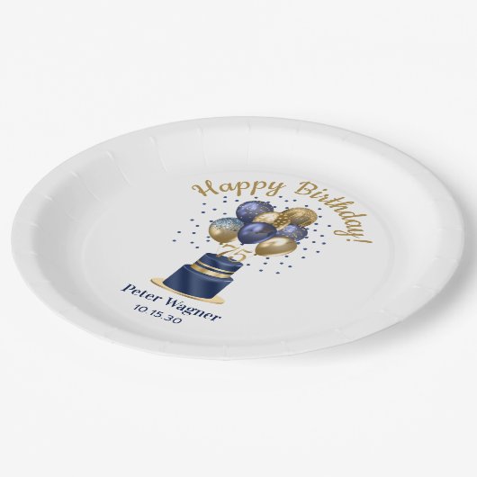 75誕生日ネイビーブルーバルーンケーキ ペーパープレート (アングル)