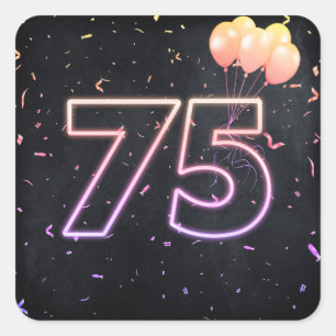 75誕生日ネオンサインオンブラックスクエアステッカー スクエアシール