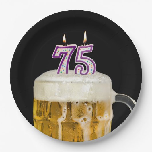 75誕生日ビールオンブラック紙プレート ペーパープレート (正面)