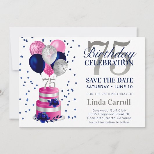 75誕生日ピンクケーキ日付招待状を保存 招待状 (正面)