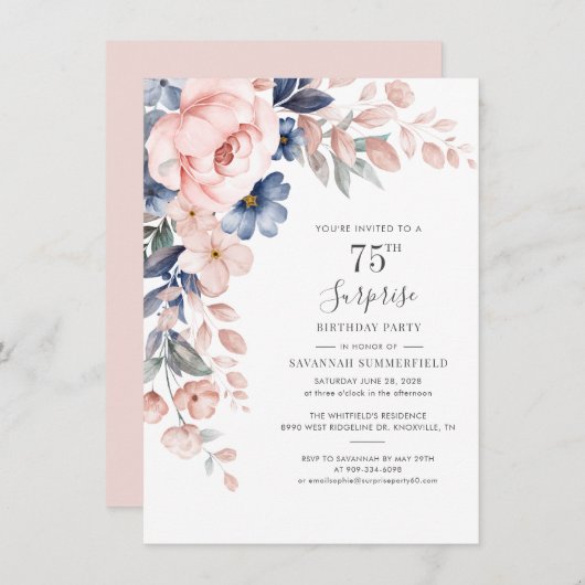 75誕生日ピンクフローラ植物株 招待状 (正面/裏面)