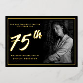 75誕生日フォトブラック金ゴールド 箔招待状 (正面)